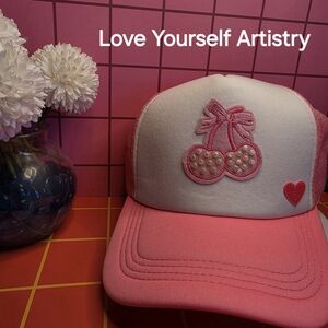 Pink and White Trucker Hat Featuring Beaded Cherry